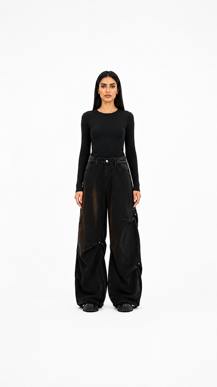Black Washed Wide-Leg Cargo Jeans – KAVERO
