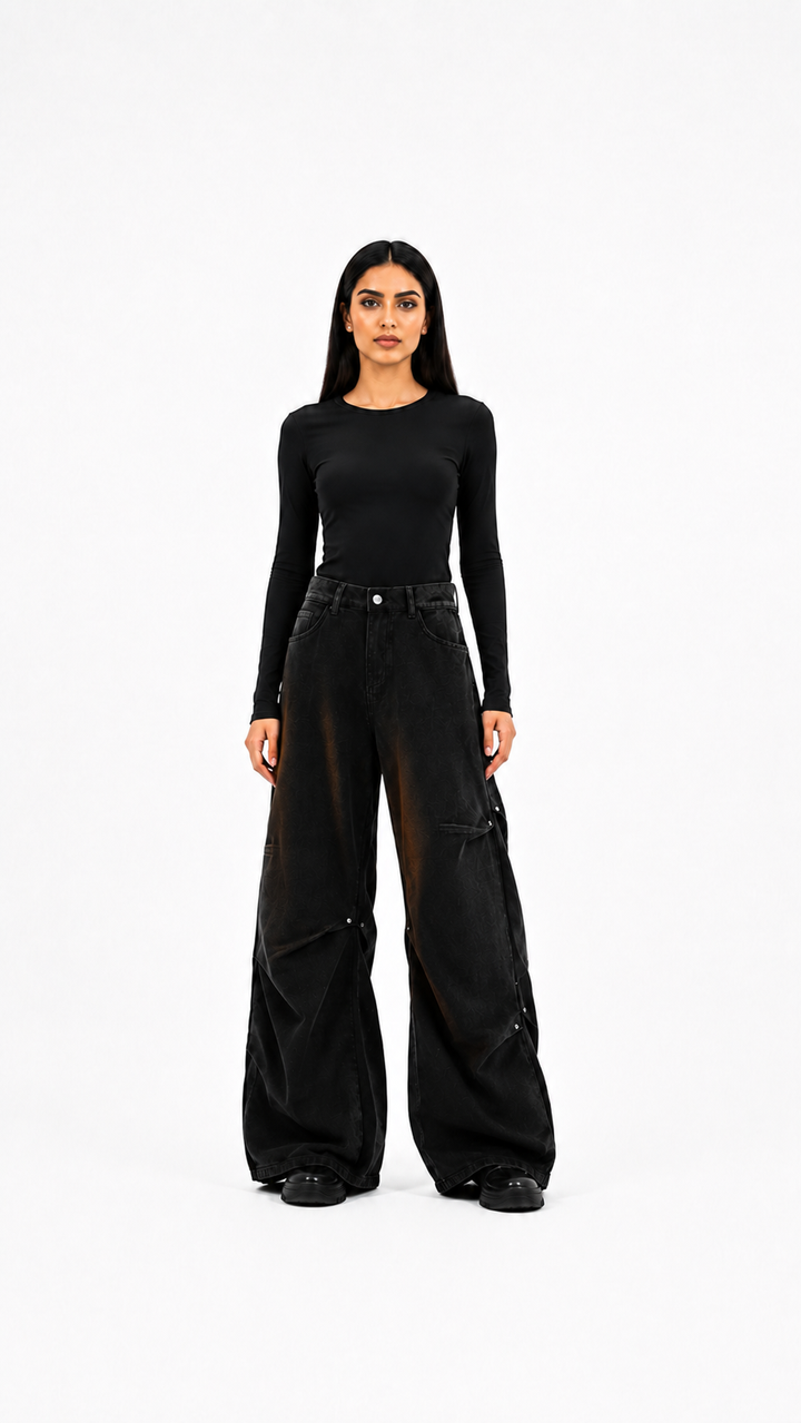 Black Washed Wide-Leg Cargo Jeans – KAVERO