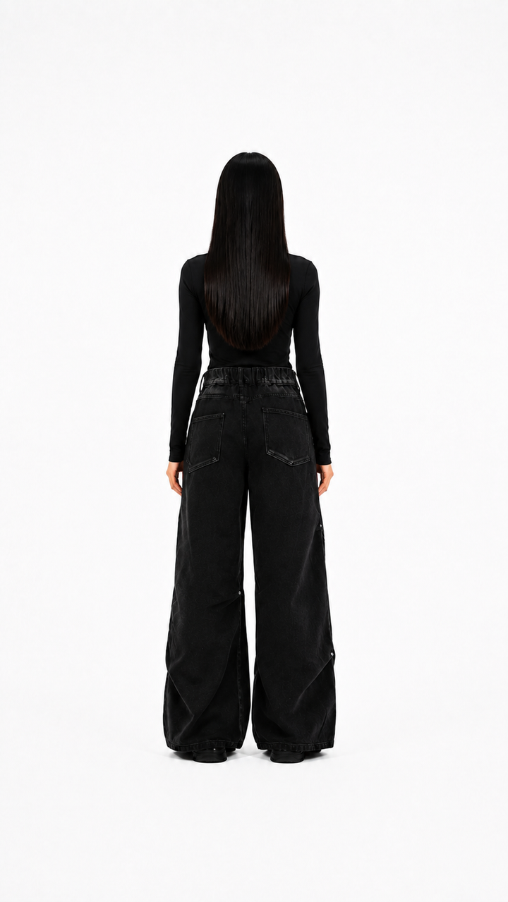 Black Washed Wide-Leg Cargo Jeans – KAVERO