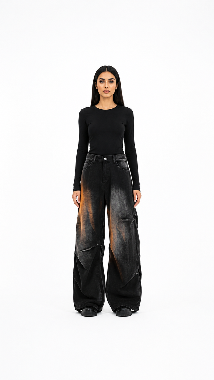 Black Washed Wide-Leg Cargo Jeans – KAVERO