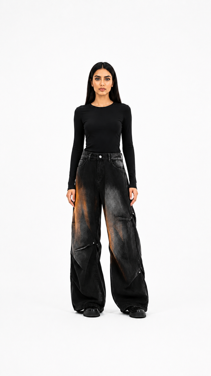 Black Washed Wide-Leg Cargo Jeans – KAVERO