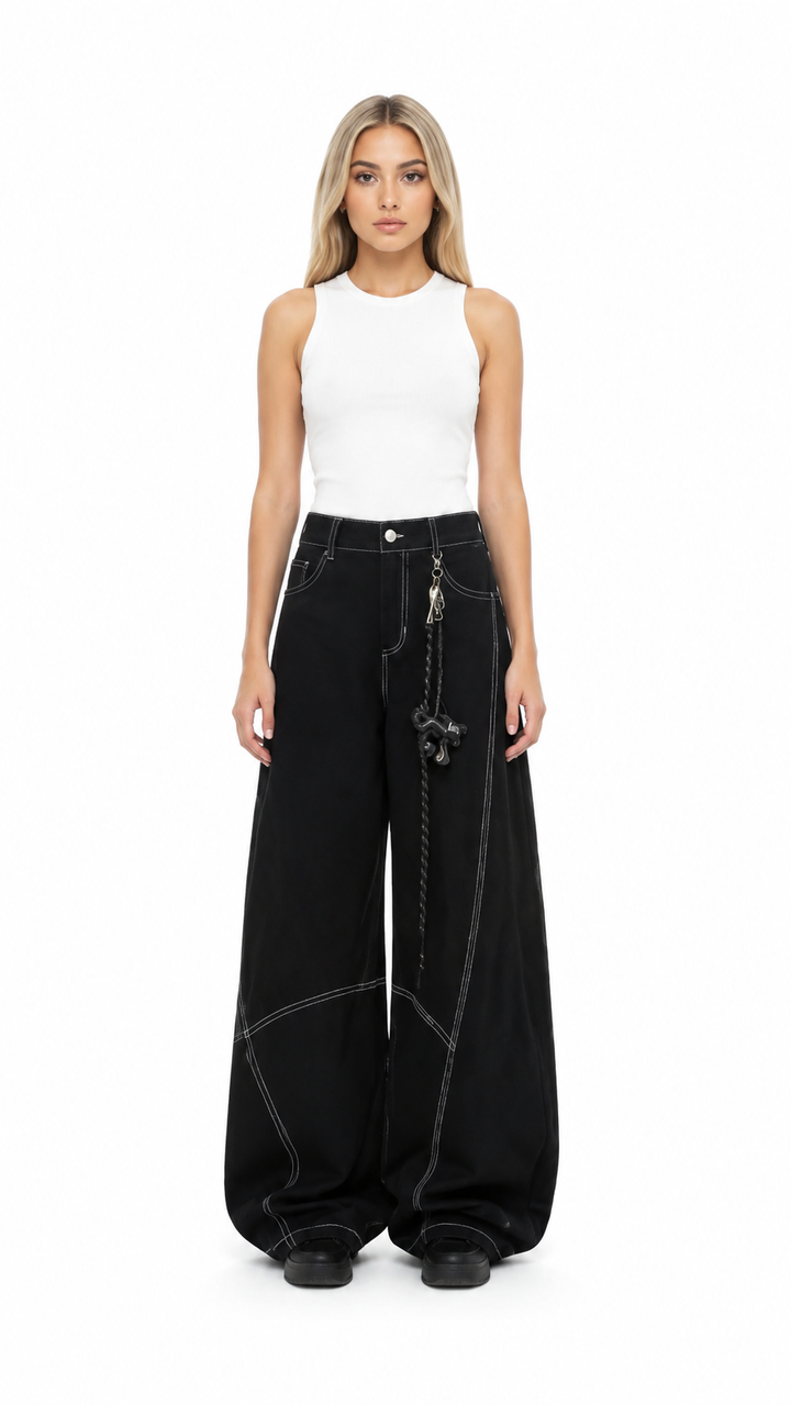 White Contrast Stitch Wide-Leg Jeans – NOVARO