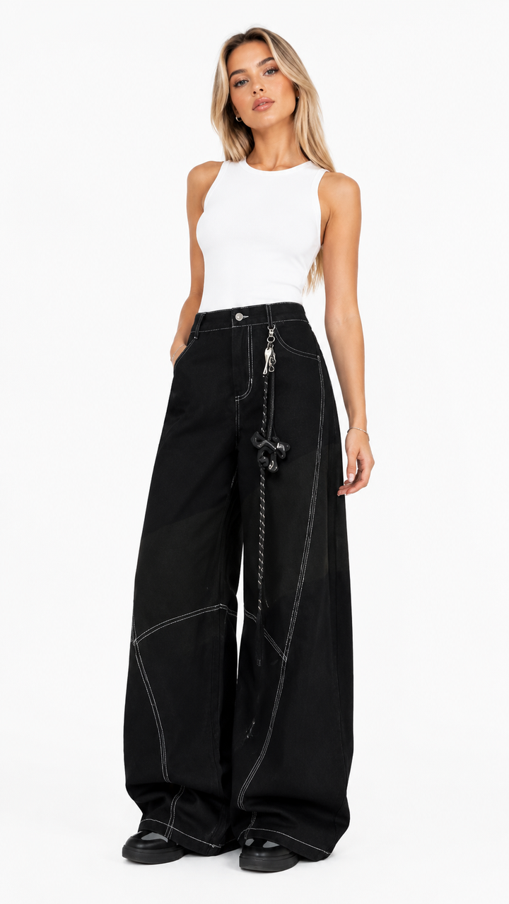 White Contrast Stitch Wide-Leg Jeans – NOVARO