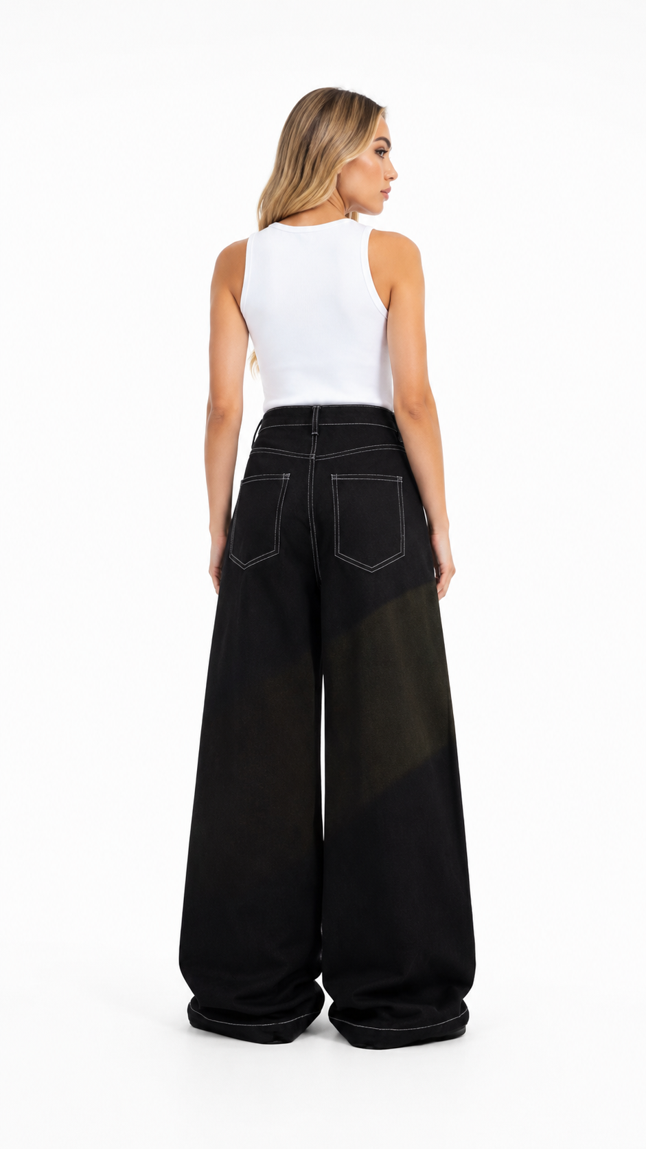 White Contrast Stitch Wide-Leg Jeans – NOVARO