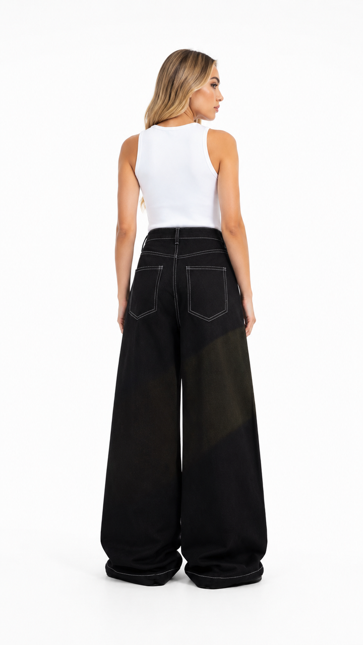 White Contrast Stitch Wide-Leg Jeans – NOVARO
