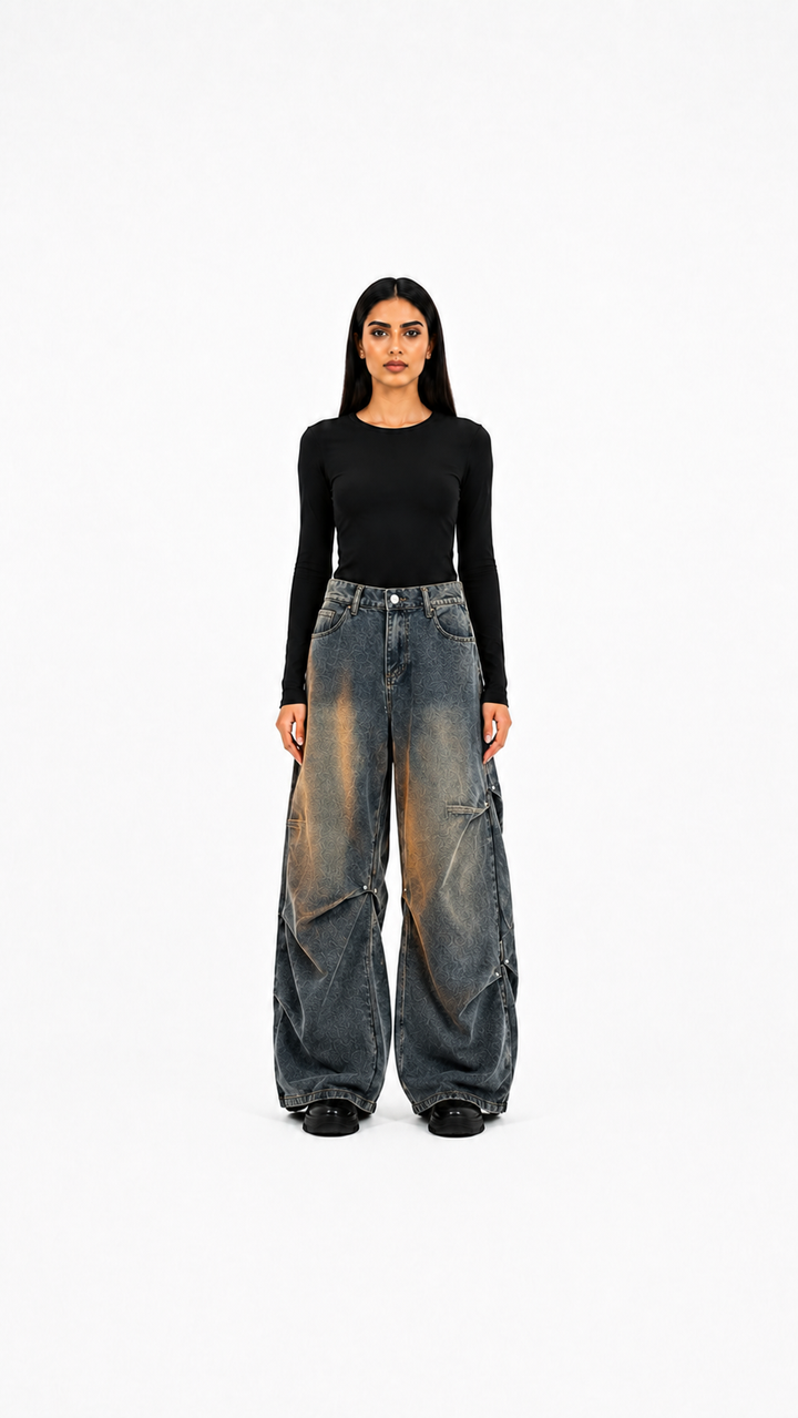 Black Washed Wide-Leg Cargo Jeans – KAVERO