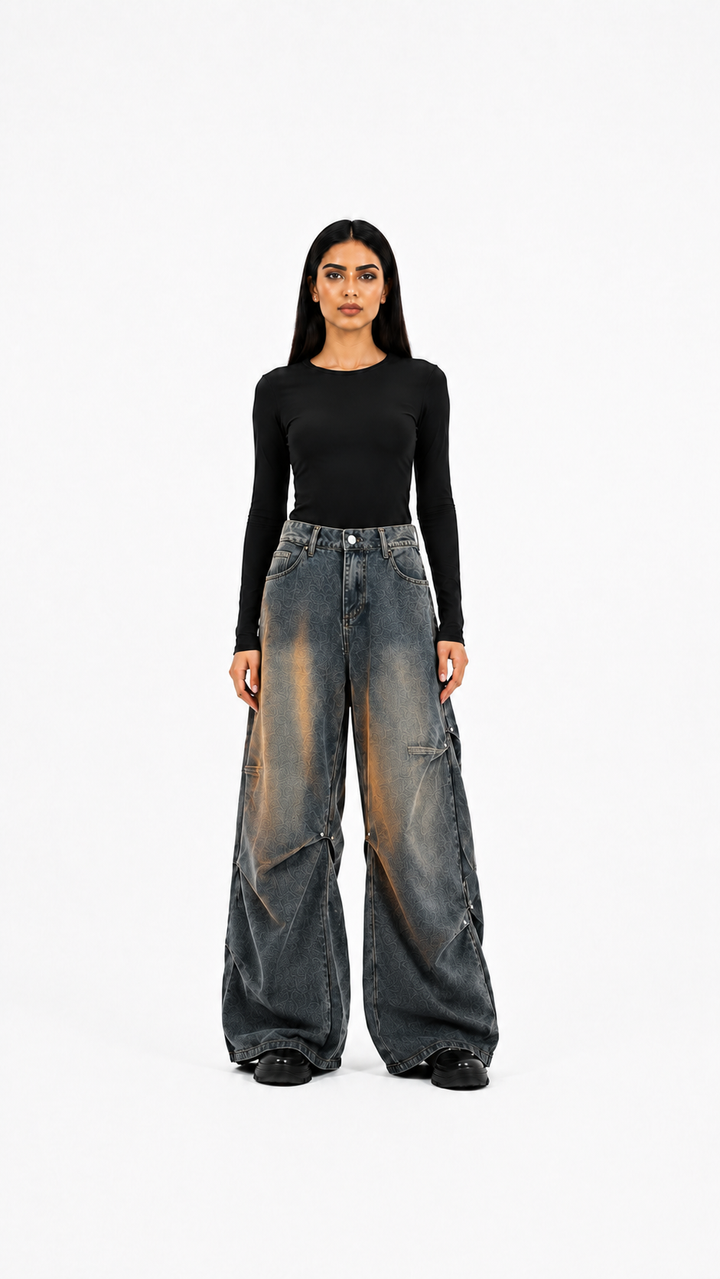 Black Washed Wide-Leg Cargo Jeans – KAVERO