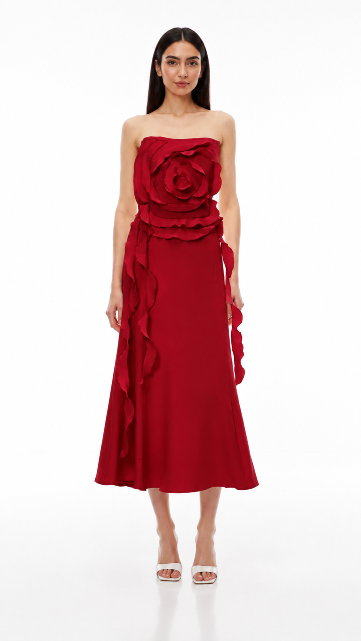 Ivory 3D Rose Strapless Midi Dress – FIOREVA