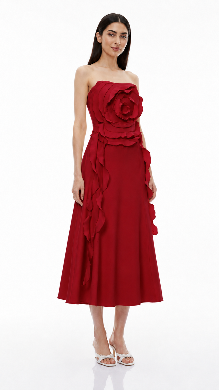 Ivory 3D Rose Strapless Midi Dress – FIOREVA