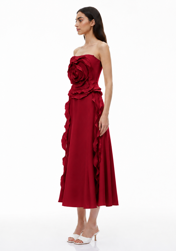 Ivory 3D Rose Strapless Midi Dress – FIOREVA