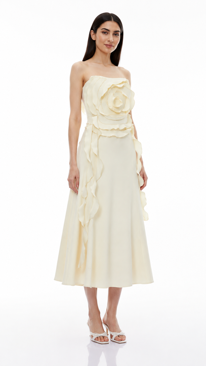 Ivory 3D Rose Strapless Midi Dress – FIOREVA