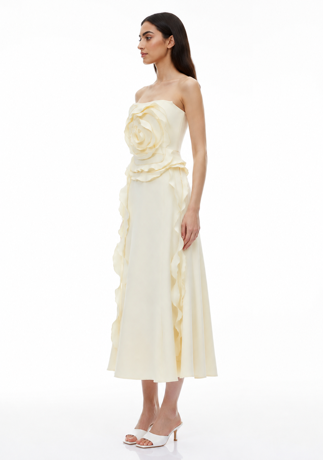 Ivory 3D Rose Strapless Midi Dress – FIOREVA