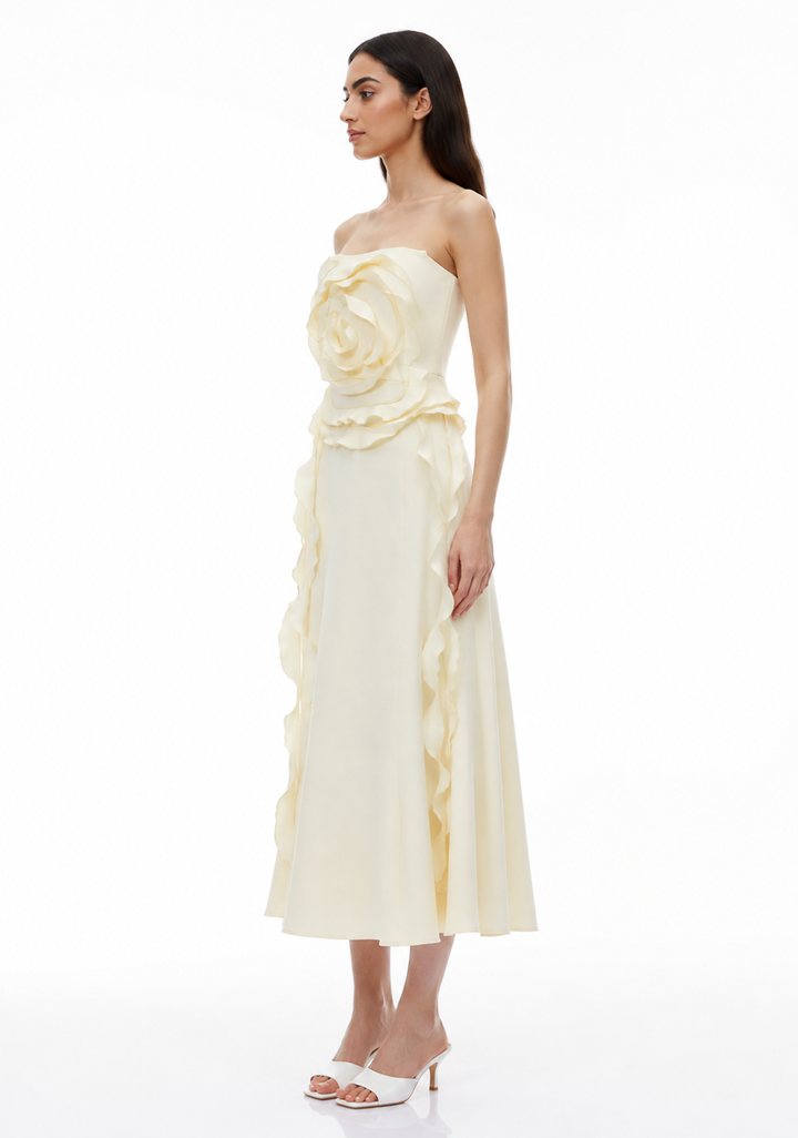 Ivory 3D Rose Strapless Midi Dress – FIOREVA