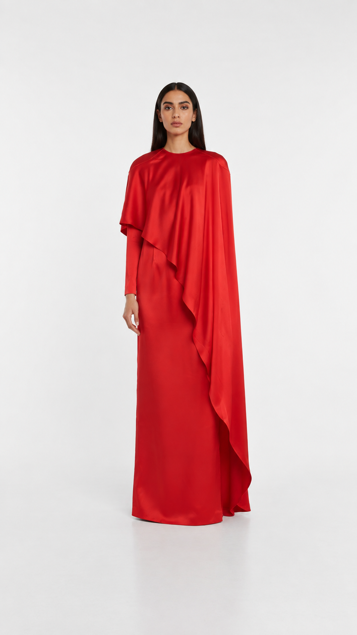 Red Asymmetric Draped Cape Evening Dress – RAVESSA