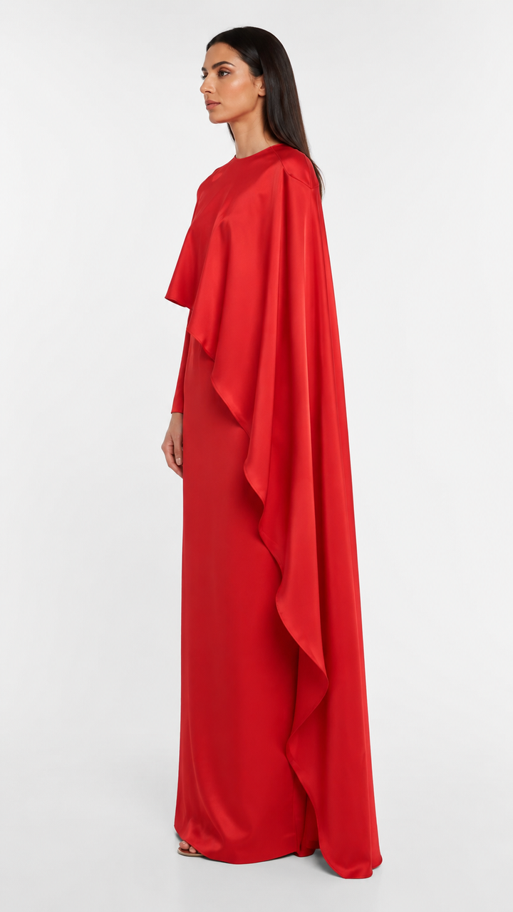 Red Asymmetric Draped Cape Evening Dress – RAVESSA