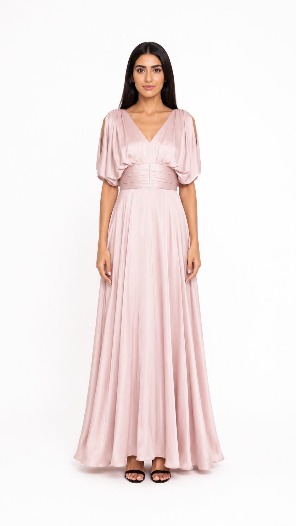 Blush Ruched Waist Flowy Evening Dress – MARELIA