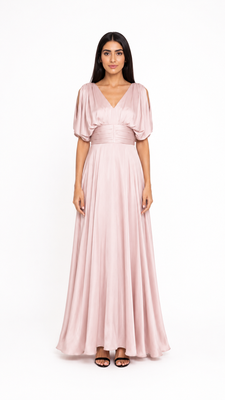 Blush Ruched Waist Flowy Evening Dress – MARELIA