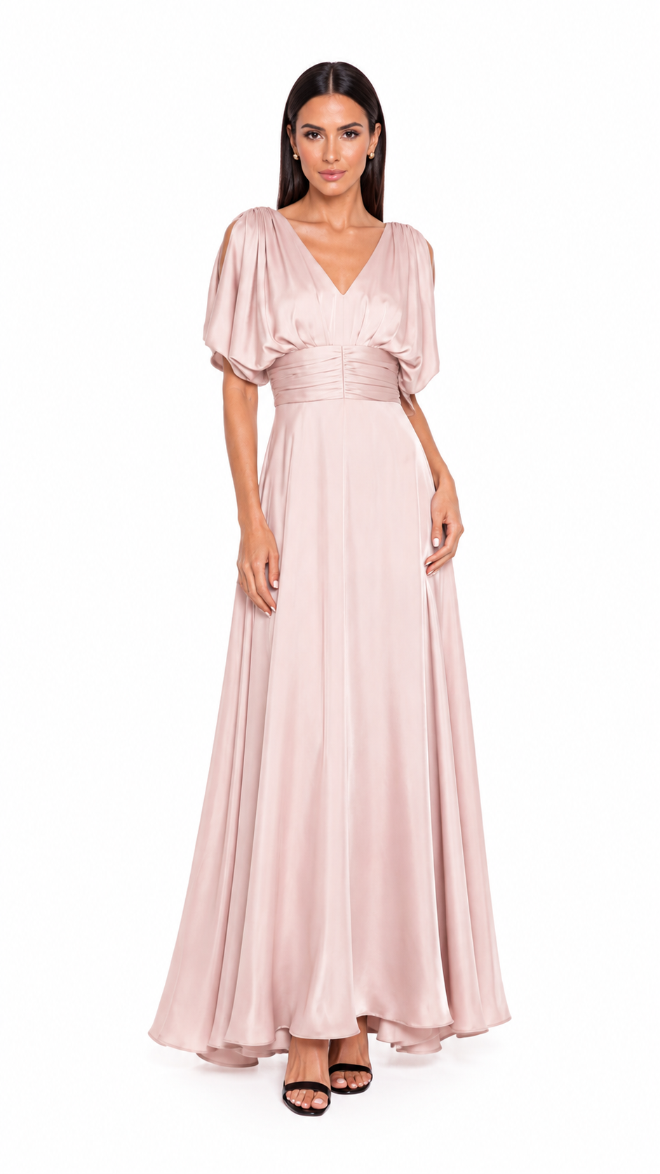 Blush Ruched Waist Flowy Evening Dress – MARELIA