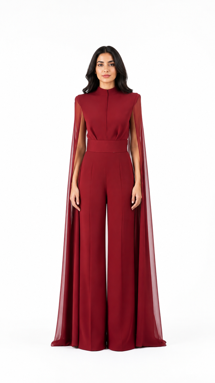 Burgundy Cape Sleeve Wide-Leg Jumpsuit – VARESSA