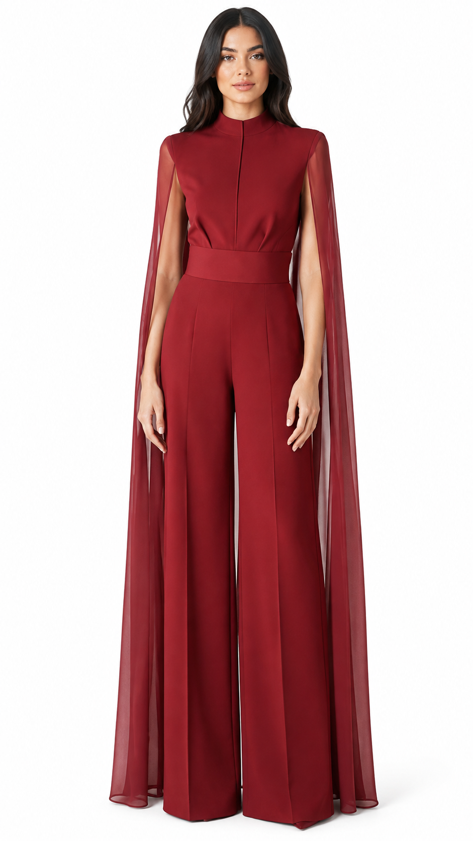 Burgundy Cape Sleeve Wide-Leg Jumpsuit – VARESSA