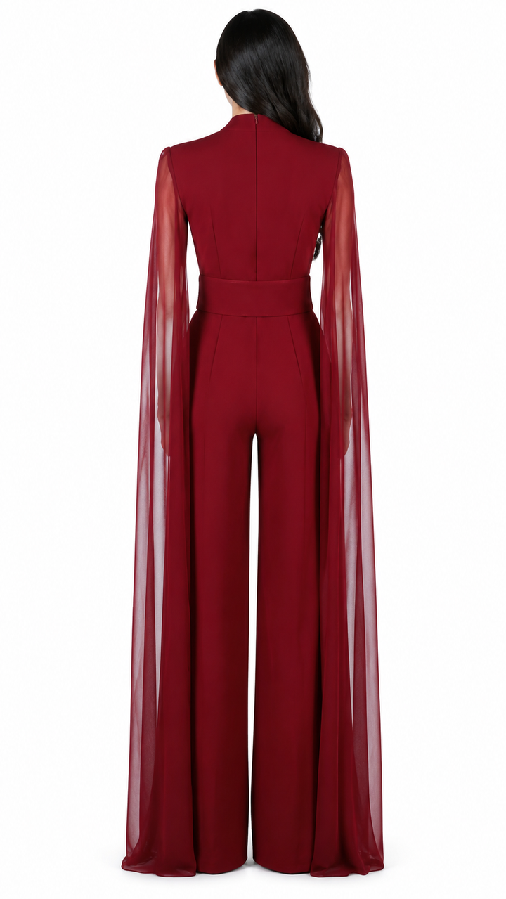 Burgundy Cape Sleeve Wide-Leg Jumpsuit – VARESSA