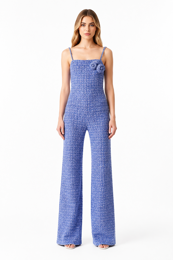 Blue Tweed Floral Wide-Leg Jumpsuit – AZURELLE