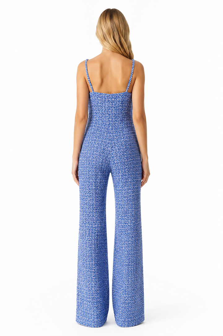 Blue Tweed Floral Wide-Leg Jumpsuit – AZURELLE