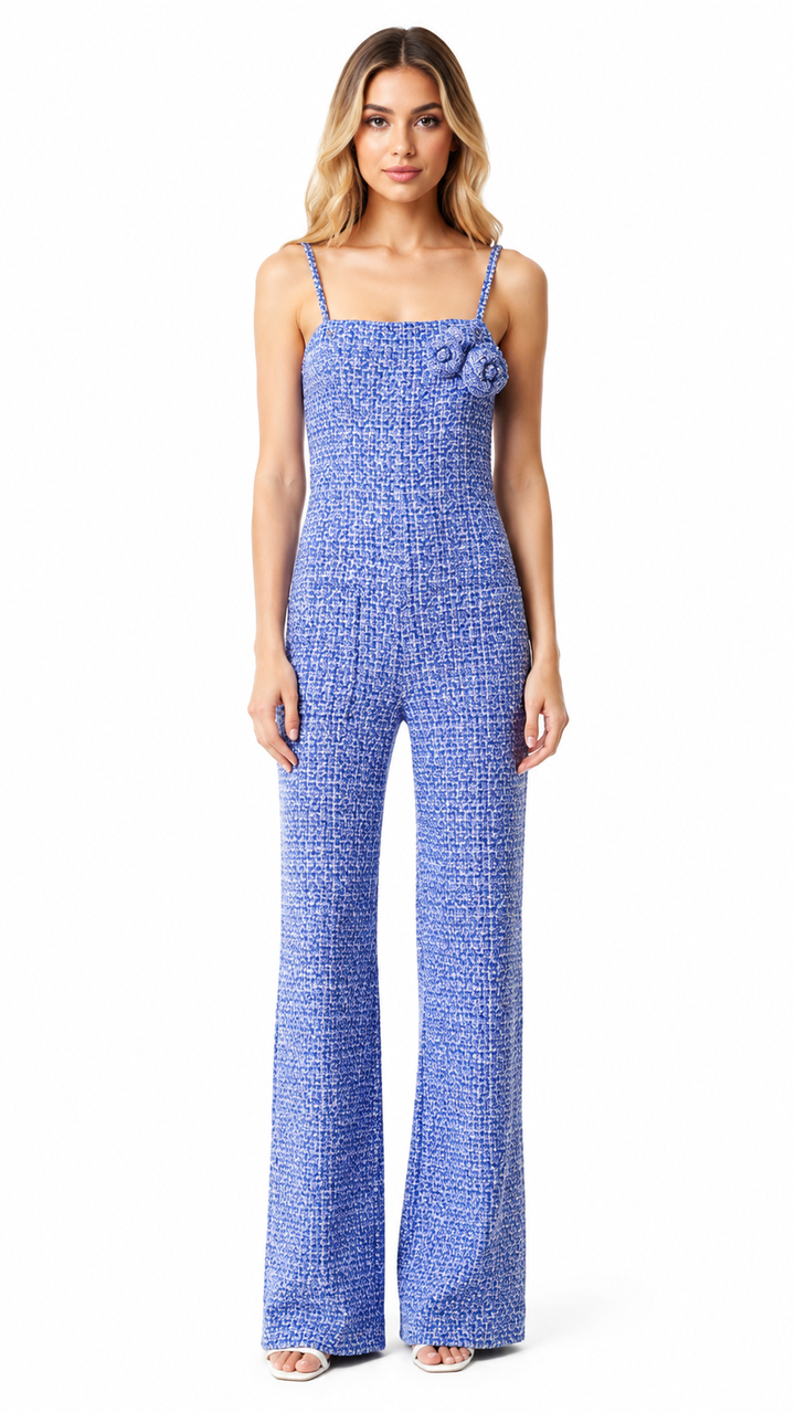 Blue Tweed Floral Wide-Leg Jumpsuit – AZURELLE