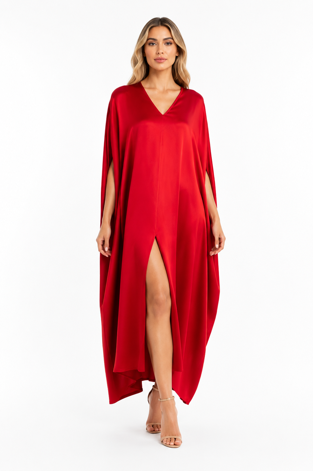 Red V-Neck Cape Midi Dress – VELORIA