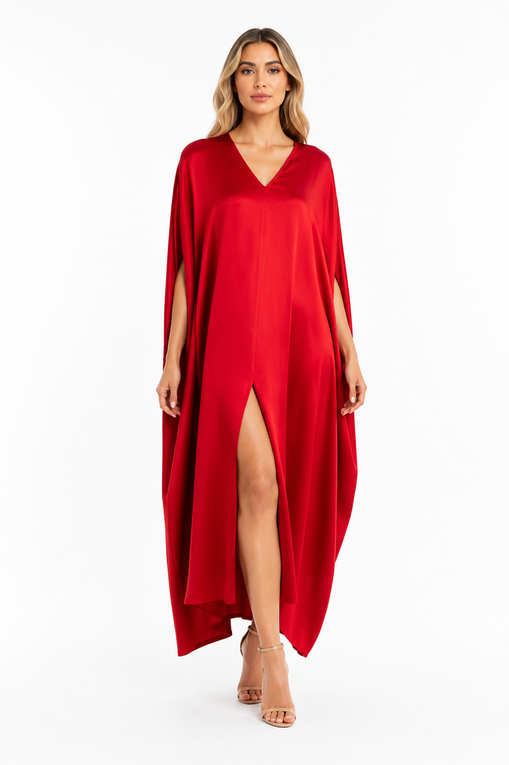 Red V-Neck Cape Midi Dress – VELORIA