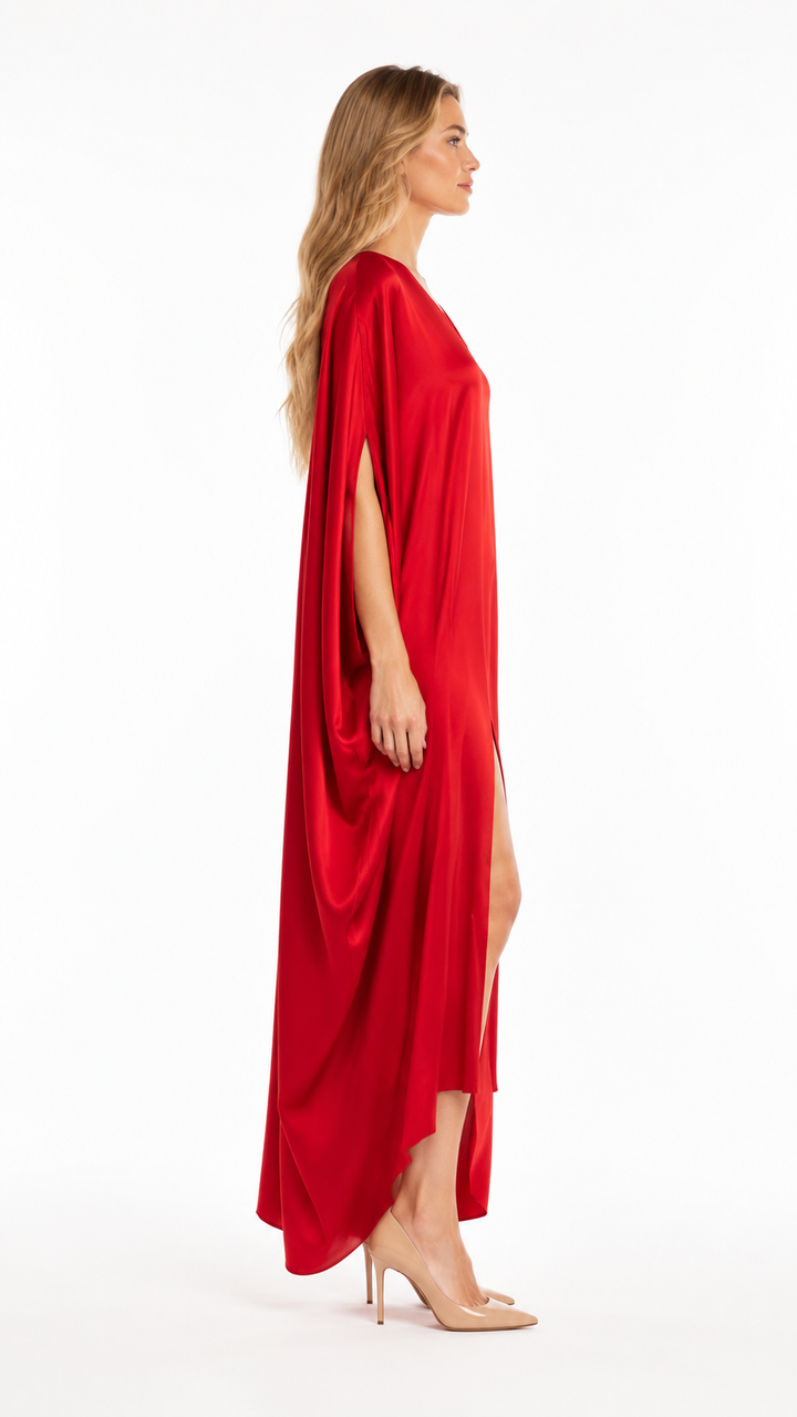 Red V-Neck Cape Midi Dress – VELORIA
