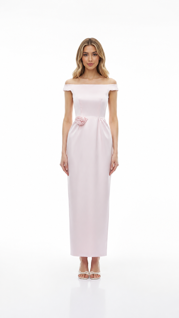 Blush Off-Shoulder Rose Detail Midi Dress – ROSAVÉA