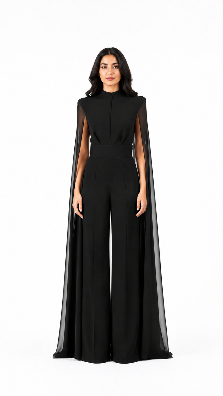 Burgundy Cape Sleeve Wide-Leg Jumpsuit – VARESSA