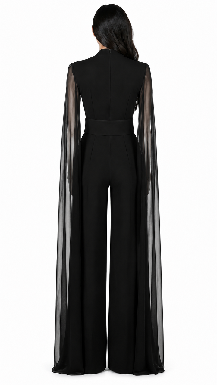 Burgundy Cape Sleeve Wide-Leg Jumpsuit – VARESSA