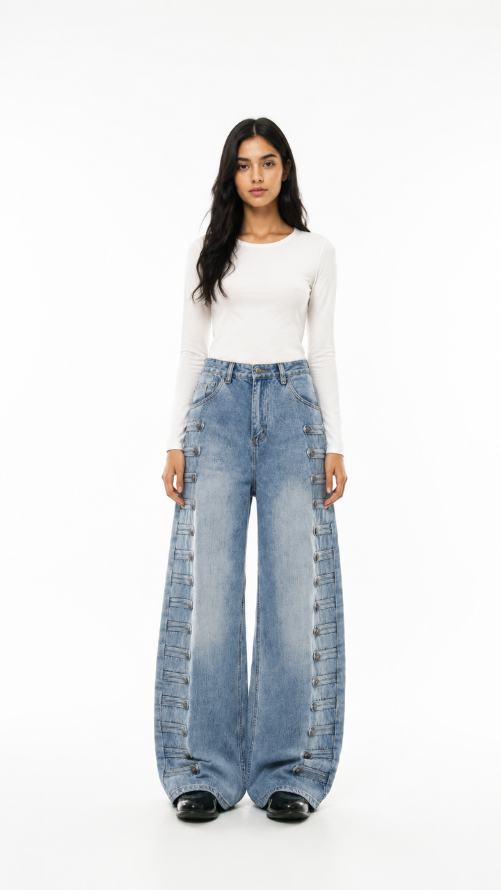 Blue Washed Detail Wide-Leg Jeans – KORVAN