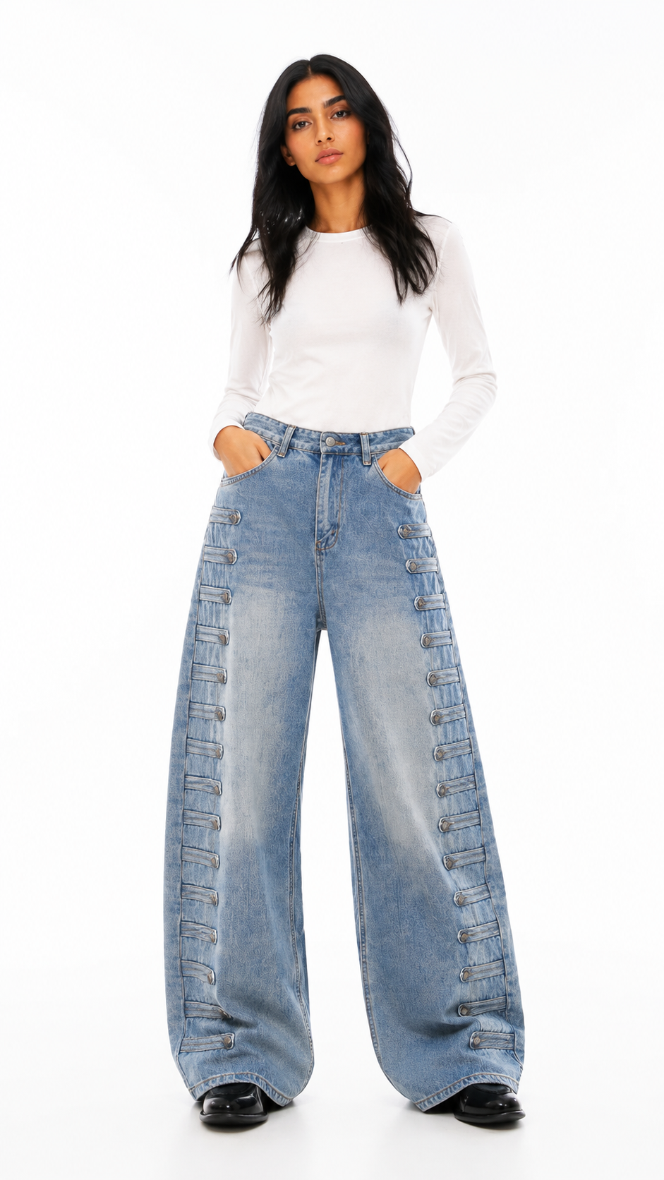 Blue Washed Detail Wide-Leg Jeans – KORVAN