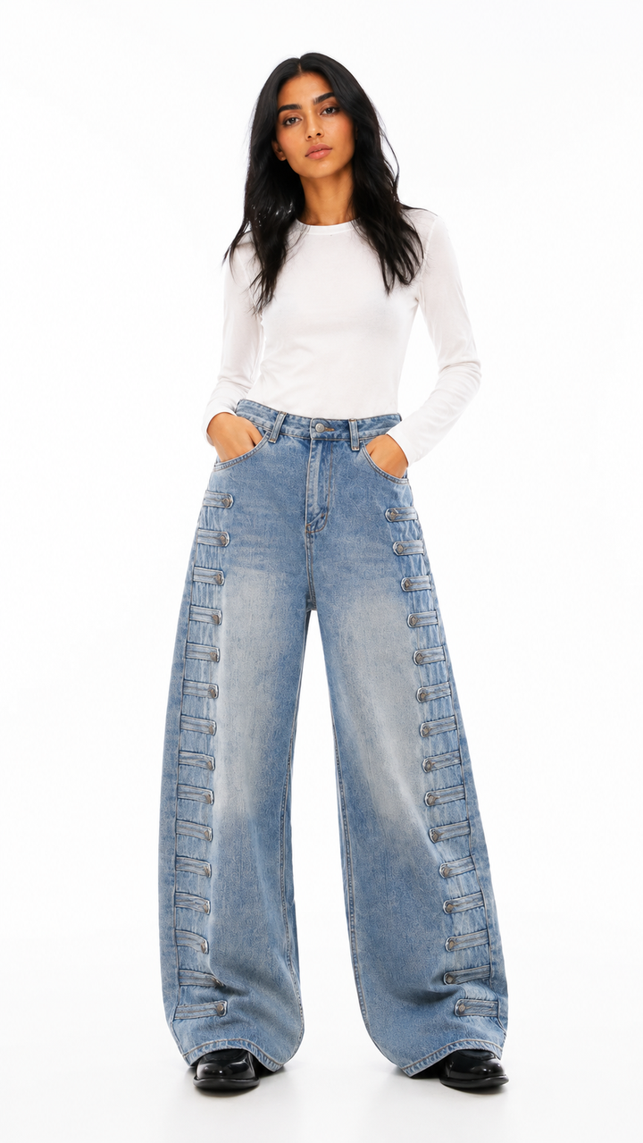 Blue Washed Detail Wide-Leg Jeans – KORVAN