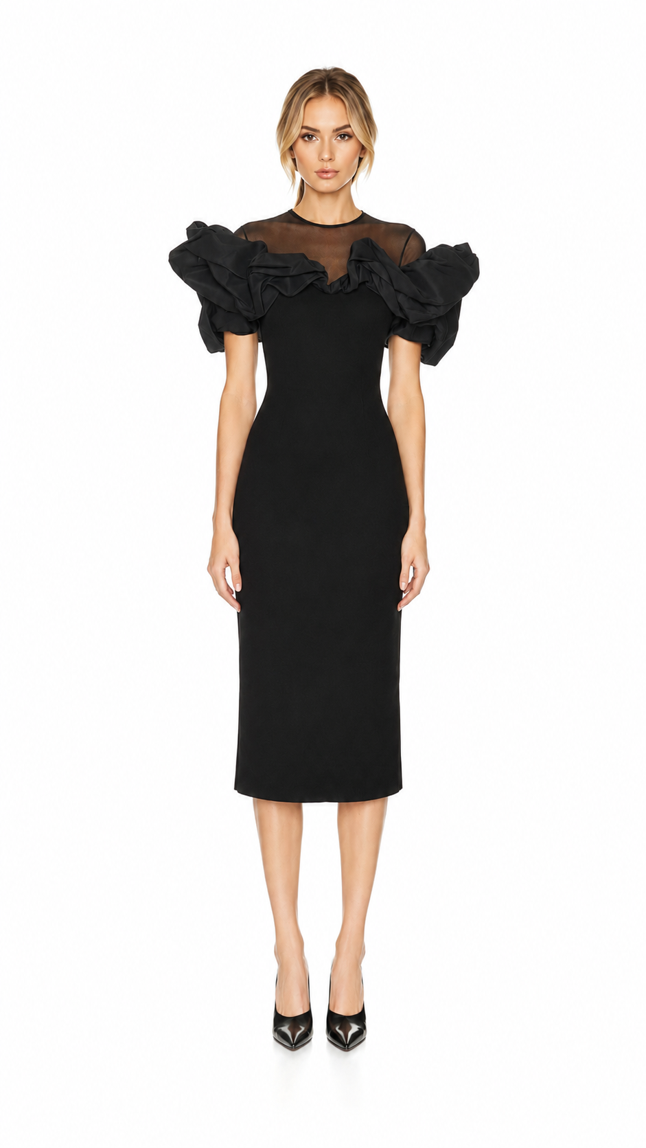 Black Organza Ruffle Midi Dress – OPHELIA