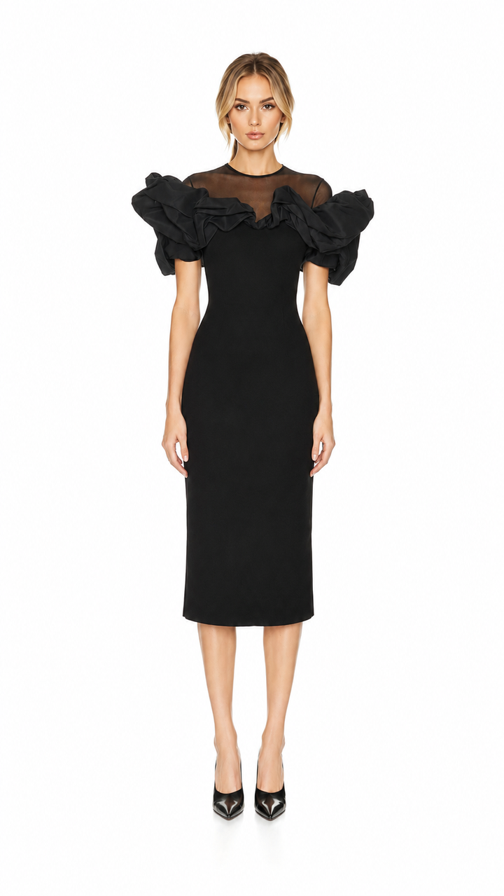 Black Organza Ruffle Midi Dress – OPHELIA
