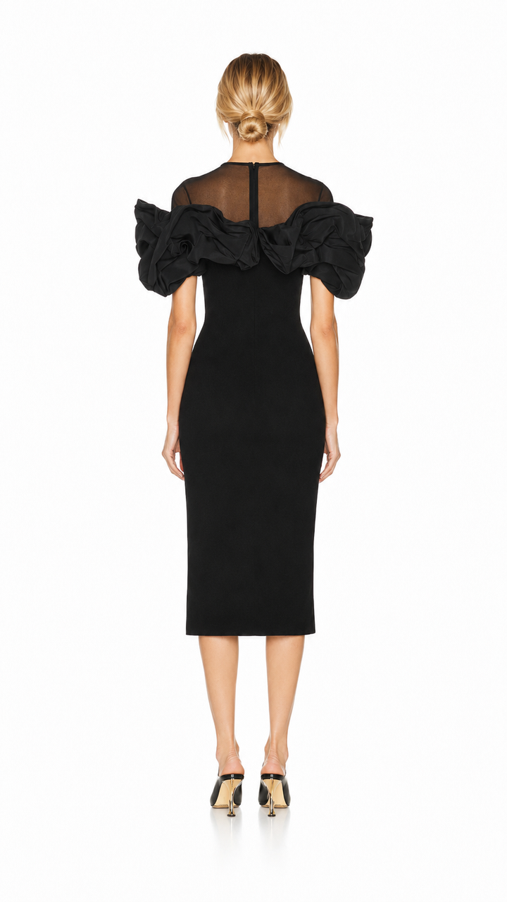 Black Organza Ruffle Midi Dress – OPHELIA