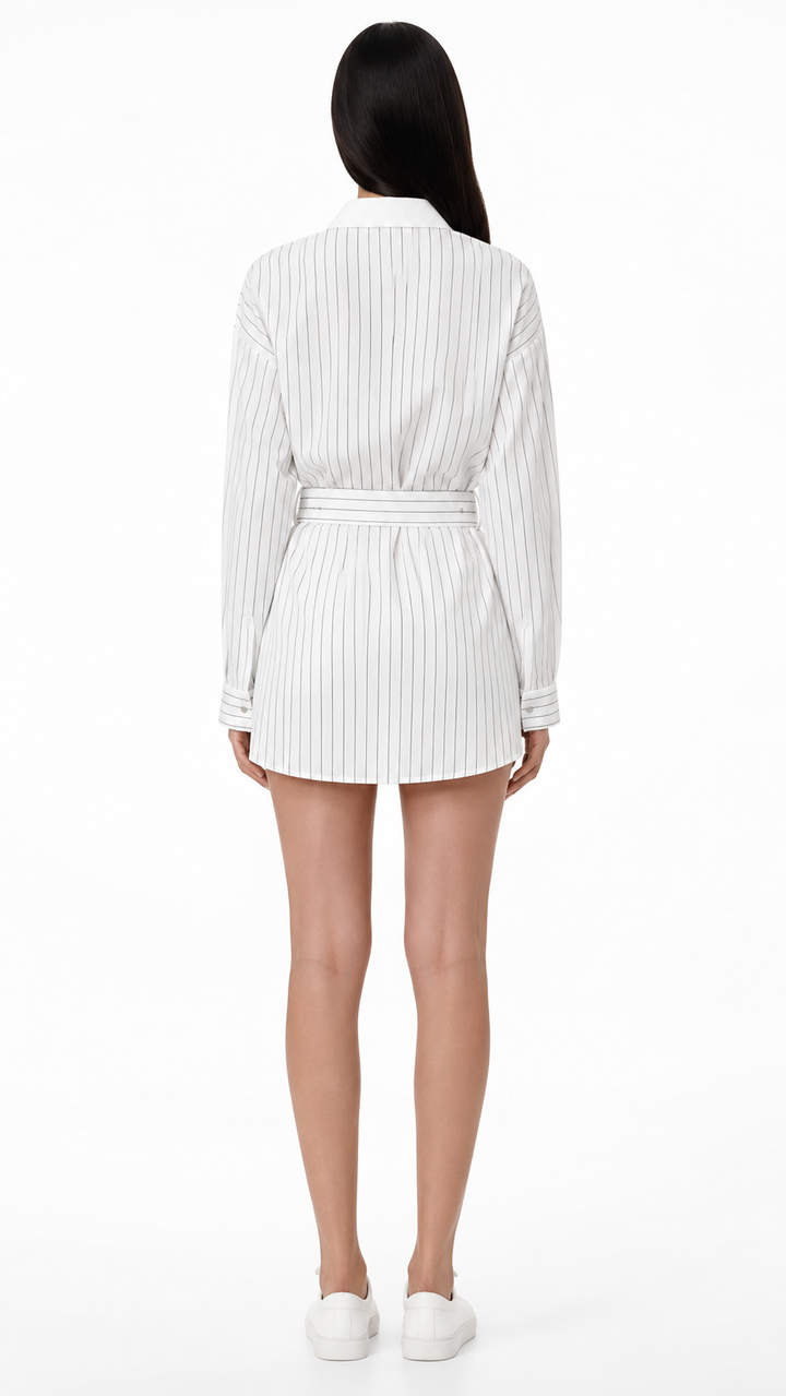 White Pinstripe Belted Shirt – SIENNA