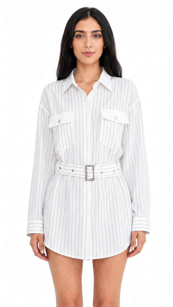White Pinstripe Belted Shirt – SIENNA