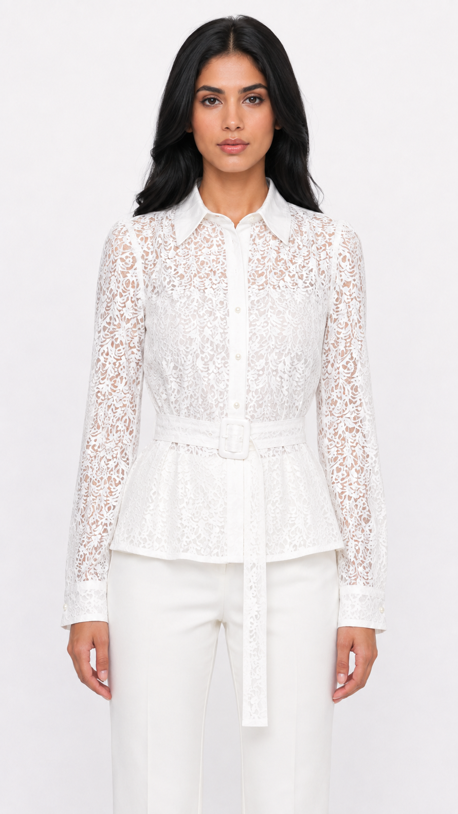 White Lace Belted Peplum Blouse – LUCIANA