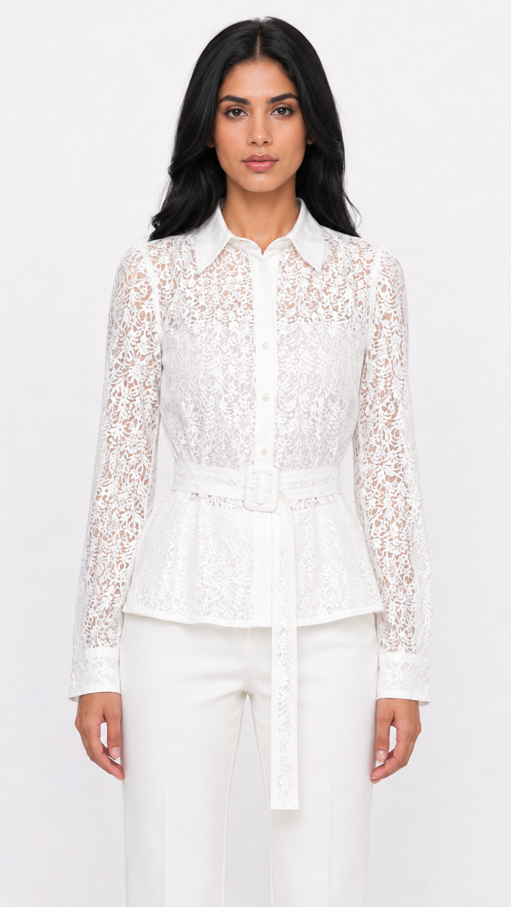 White Lace Belted Peplum Blouse – LUCIANA