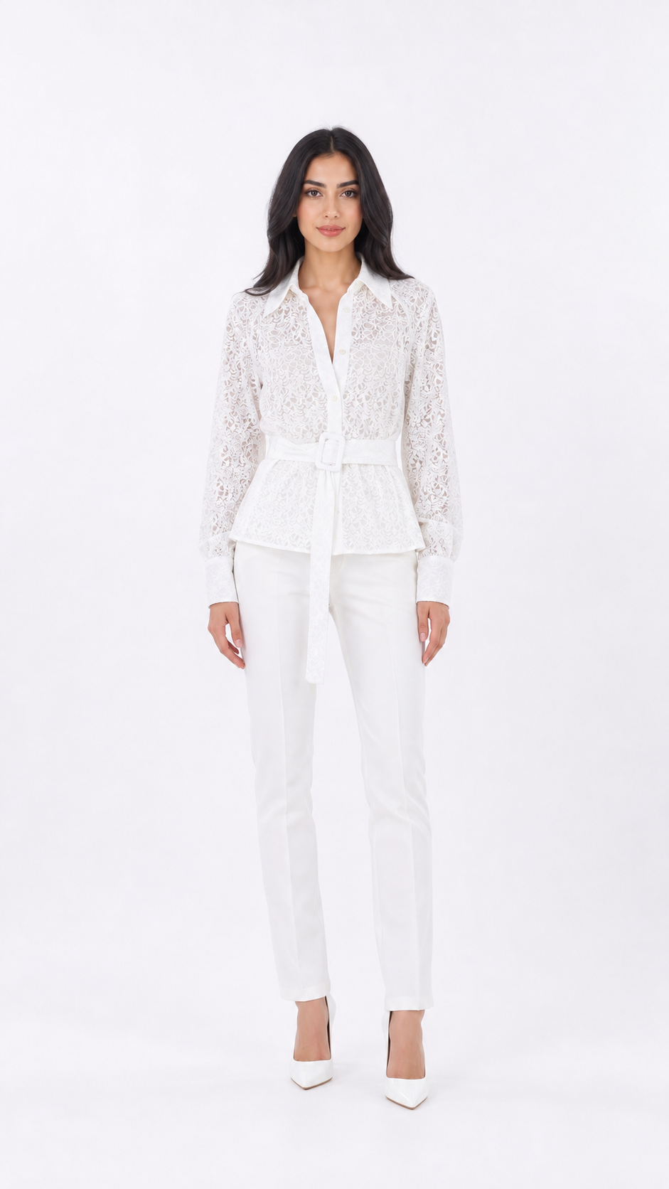 White Lace Belted Peplum Blouse – LUCIANA