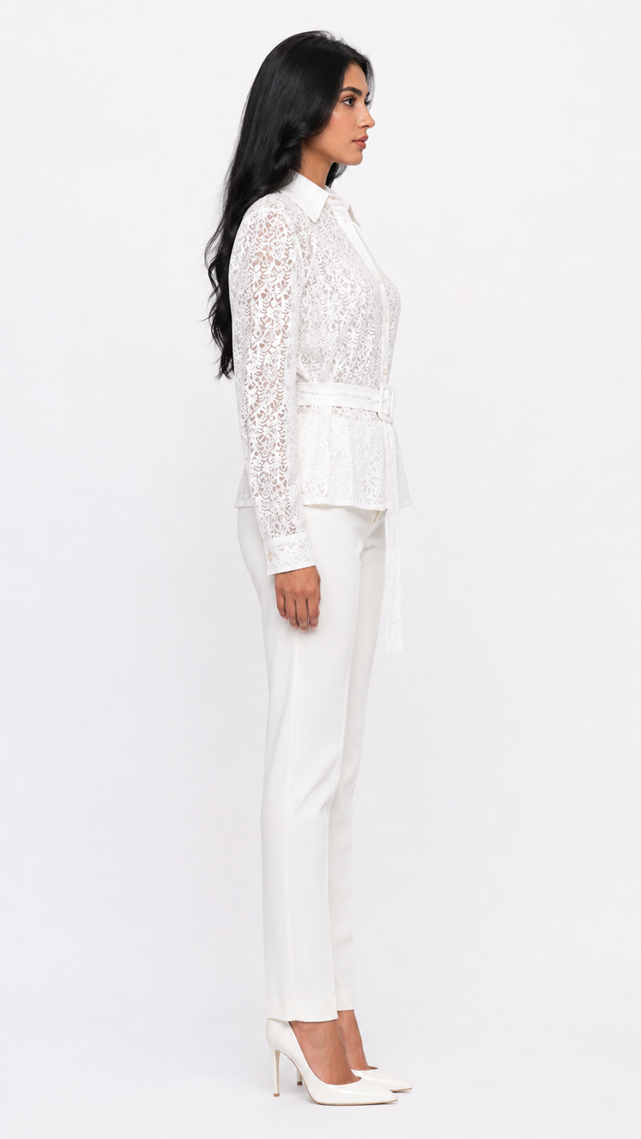 White Lace Belted Peplum Blouse – LUCIANA