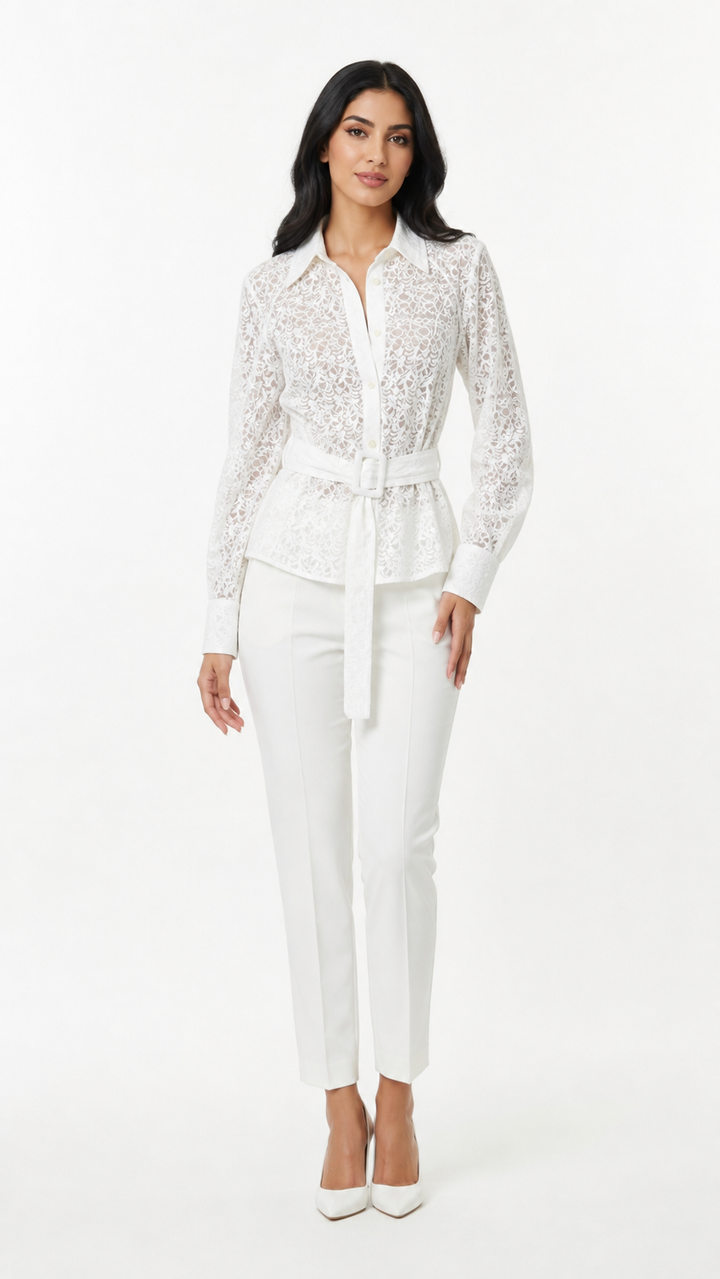 White Lace Belted Peplum Blouse – LUCIANA
