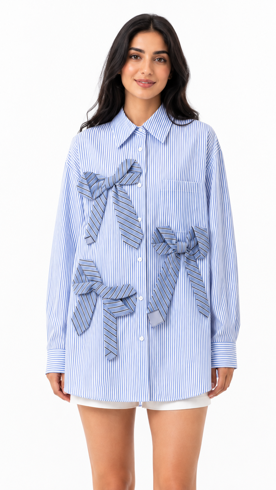 Blue Pinstripe Bow Detail Blouse – LUCIANA