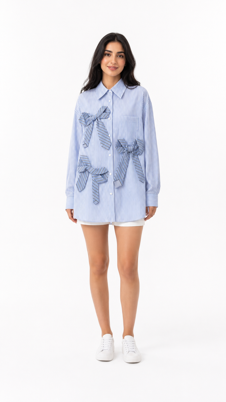 Blue Pinstripe Bow Detail Blouse – LUCIANA