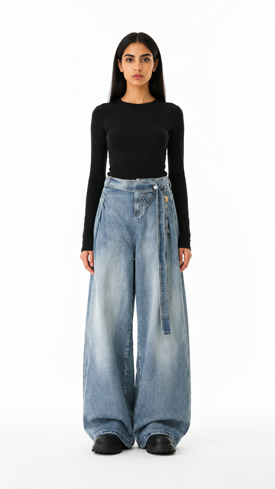 Blue Cross-Waist Oversized Wide-Leg Jeans – TREVANO